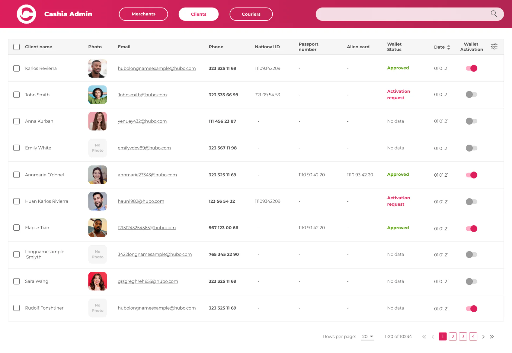 Cashia Admin web interface, Clients tab: a dense client table with name, photo, email, phone, national ID, passport, alien card, wallet status (Approved, Activation request, No data), date, and wallet activation toggles, plus Merchants and Couriers tabs and pagination across 10,234 rows.
