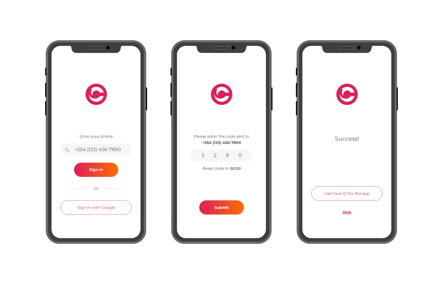 Cashia consumer onboarding, three phone screens: enter phone number with Sign In and Sign In with Google, a four-digit OTP code entry with a reset timer, and a Success screen offering Use Face ID for the app or Skip.