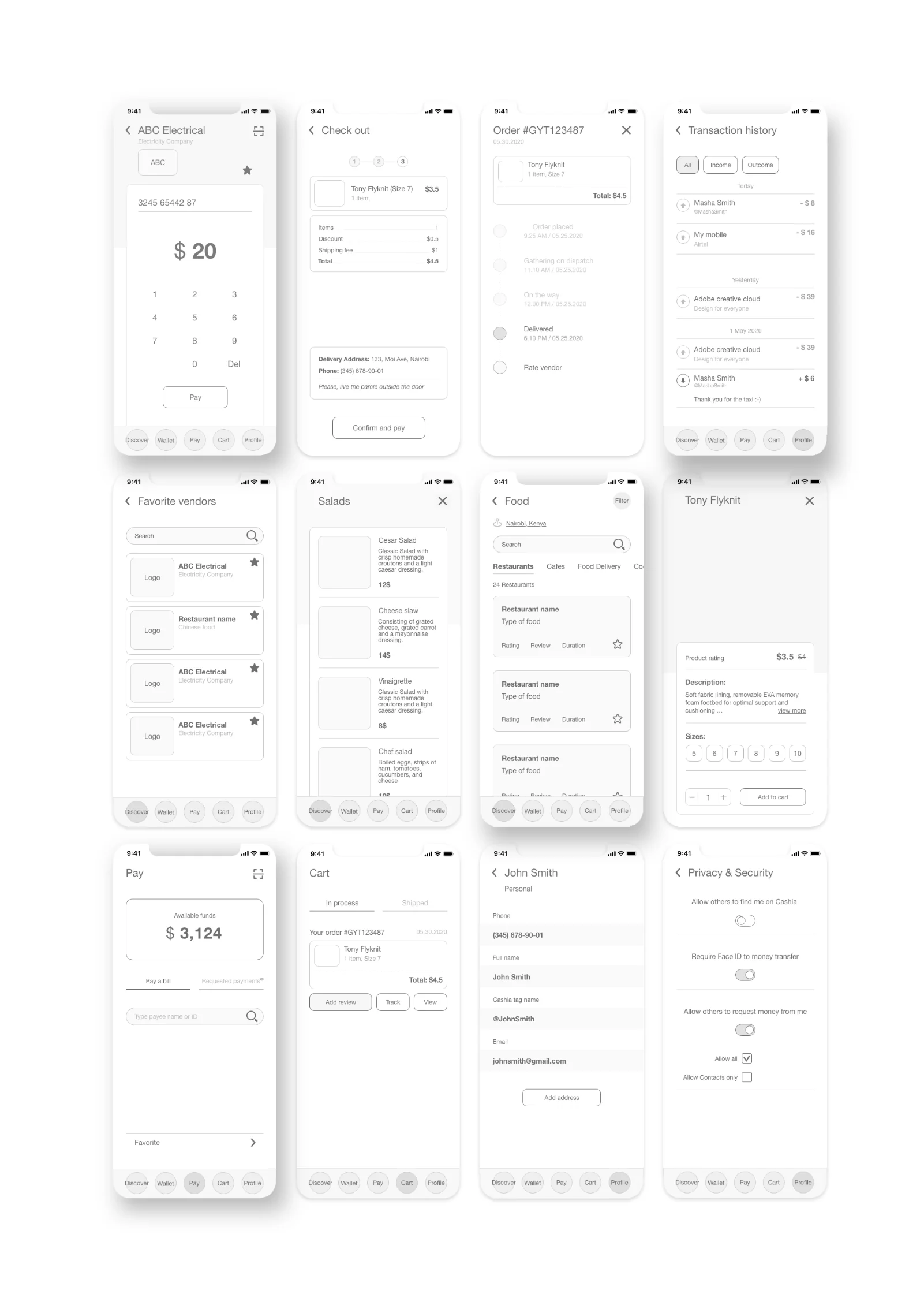 Cashia consumer wireframes: pay keypad, checkout, order tracking, transaction history, favorite vendors, menu and restaurant discovery, product detail, bill pay, cart, profile, and privacy settings, all in low fidelity.
