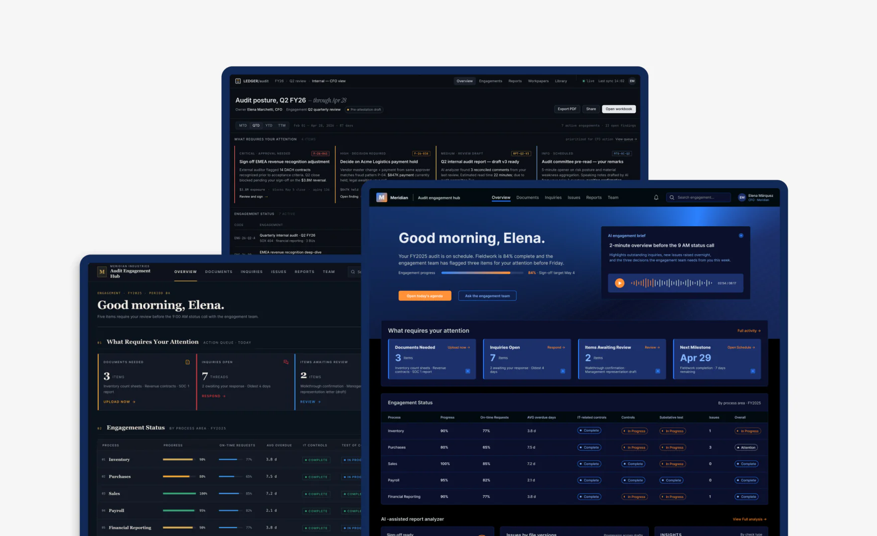 Three CFO audit dashboards compared side by side: my design, Claude's, and Lovable's