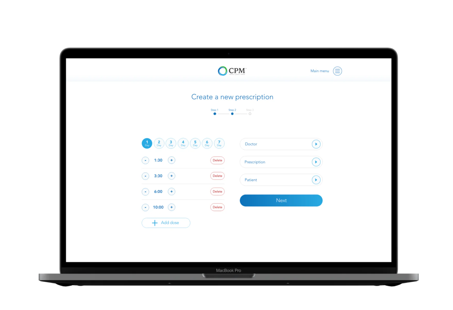 CPM desktop, doctor view: a Create a new prescription wizard on a MacBook, showing a 3-step progress indicator, a 7-day dose schedule with editable times, and Doctor, Prescription, and Patient selectors.