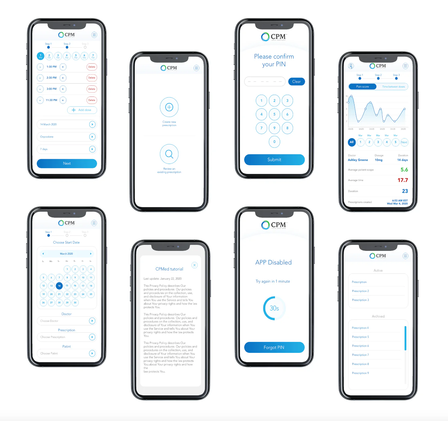 A spread of CPM app screens on phone mockups: dose schedule with times, create or review prescription, PIN confirmation, pain score chart with dosage stats, calendar start date, tutorial, app-disabled lockout, and active or archived prescription list.