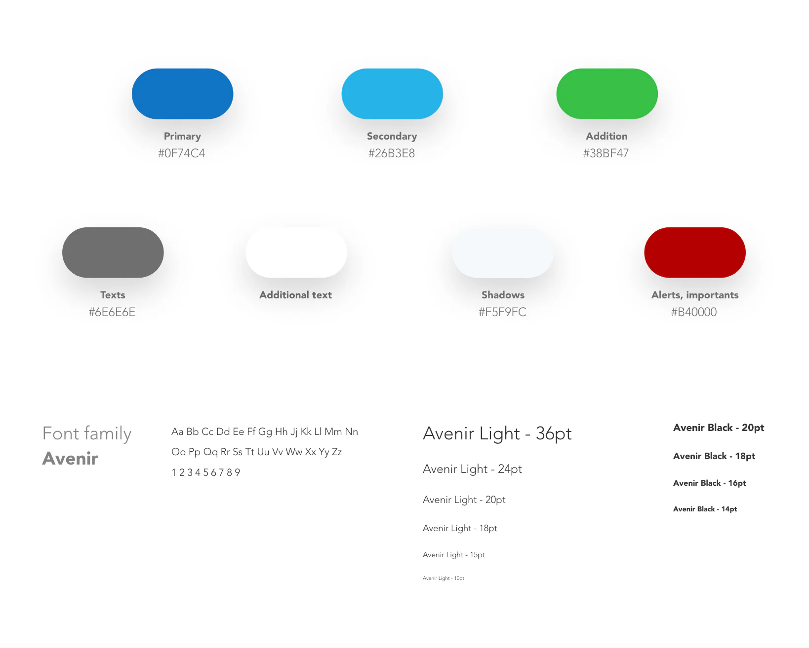 CPM style guide: color tokens (primary, secondary, addition, texts, shadows, alerts) with hex values, and the Avenir type family shown at Light and Black weights across a range of sizes.