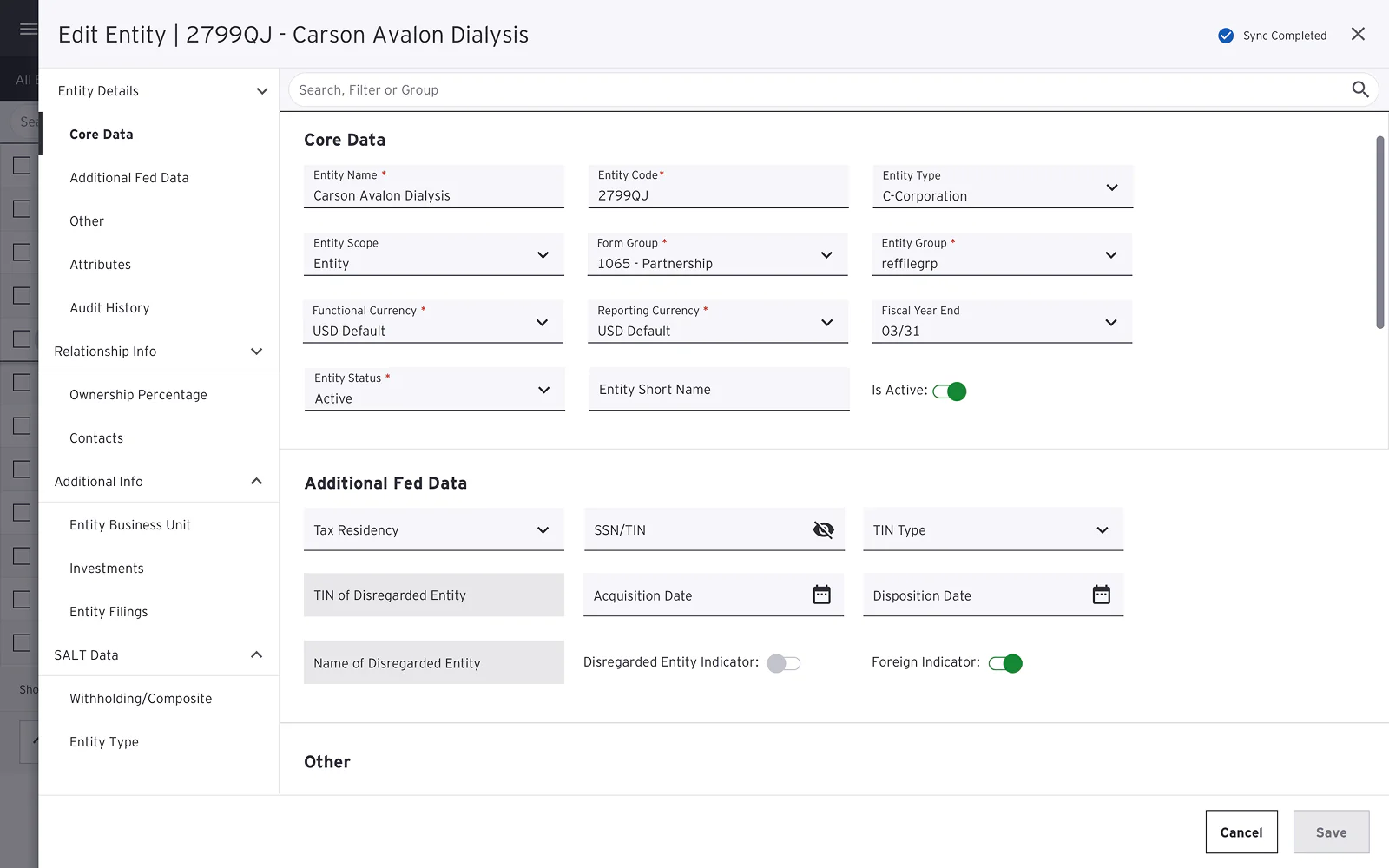 In-flight tool update: an Edit Entity panel with a left navigation tree (Entity Details, Relationship Info, Additional Info, SALT Data) and a Core Data form with grouped fields, dropdowns, toggles, and a Sync Completed status.