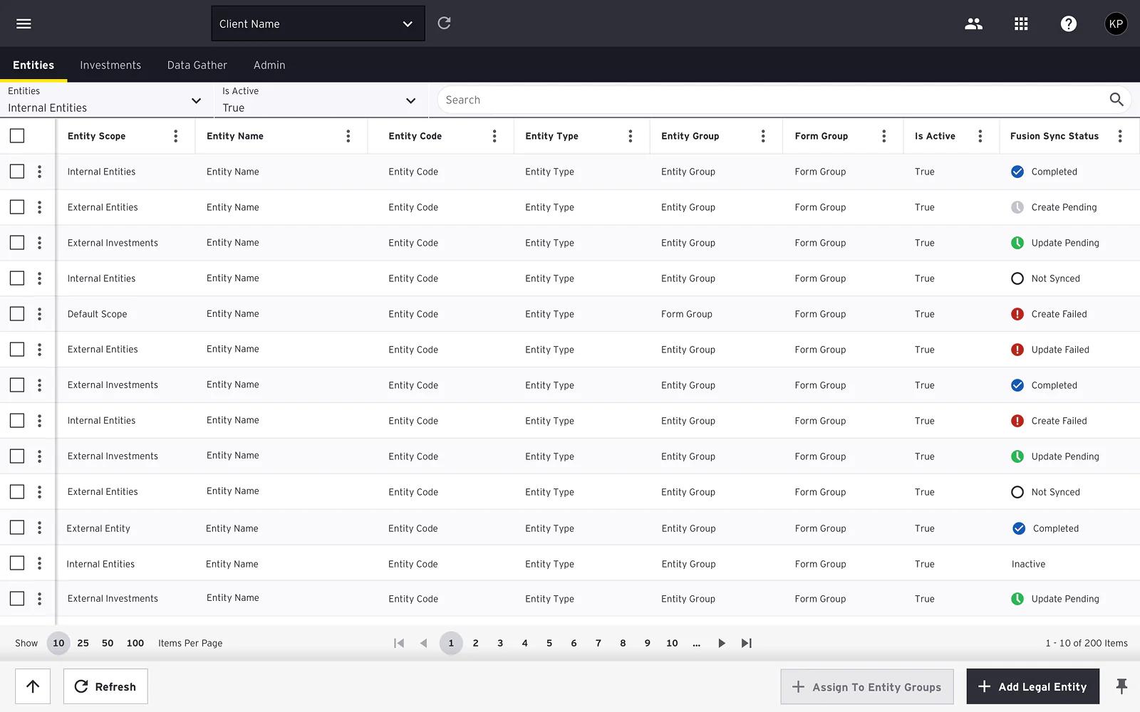 New product UI: a legal entities management screen with a dense data table. Columns for entity scope, name, code, type, group, form group, active status, and a Fusion sync status with color-coded states (completed, pending, failed, not synced).